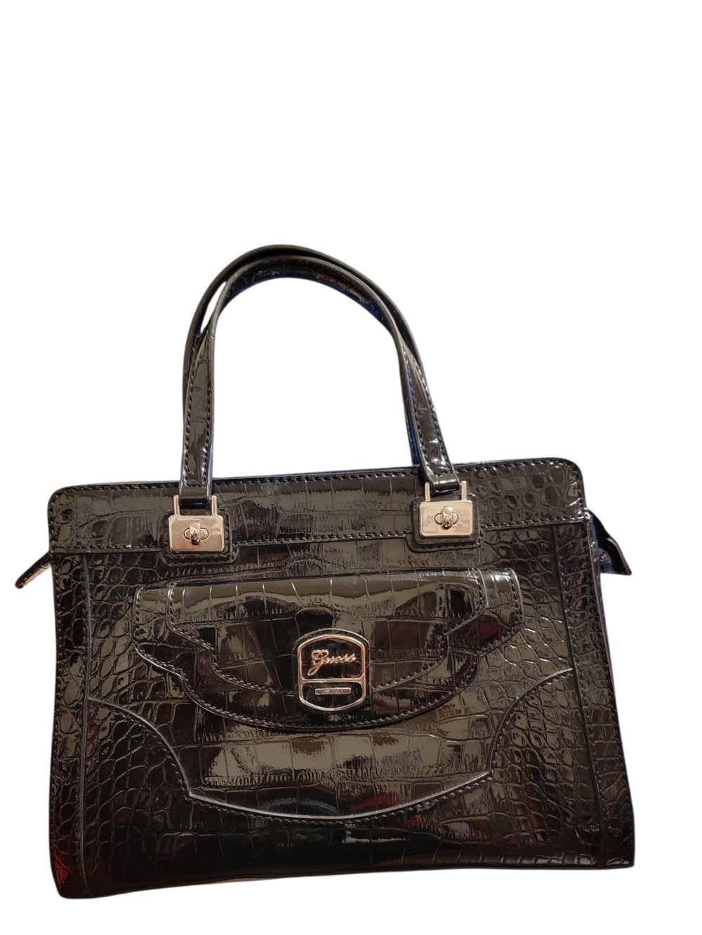 Guess Croc-Embossed Patent Faux Leather Satchel - Black